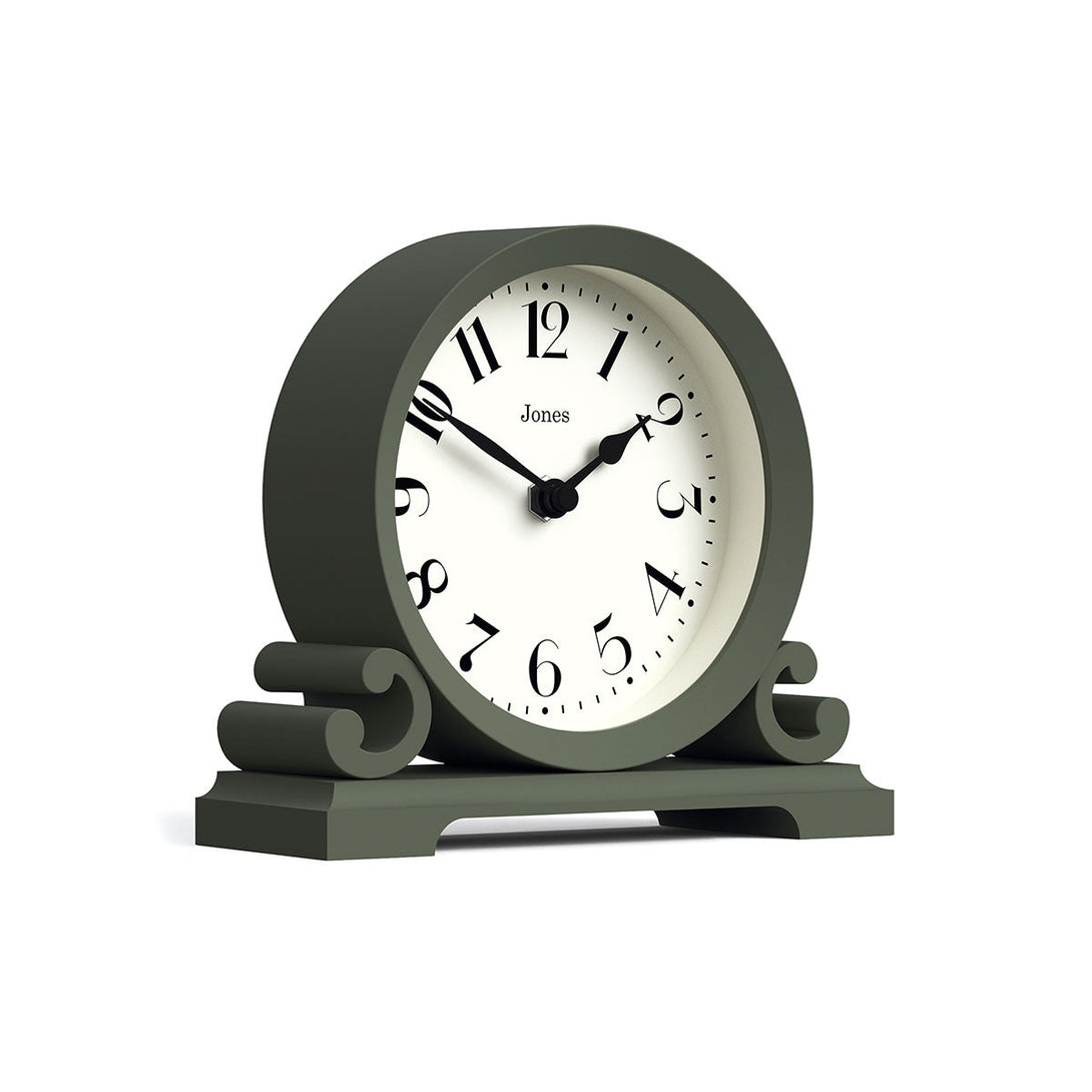 Skew - Saloon decorative mantel clock by Jones Clocks in moss green with a modern stylistic Arabic dial and metal spade hands - JSAL192ASG