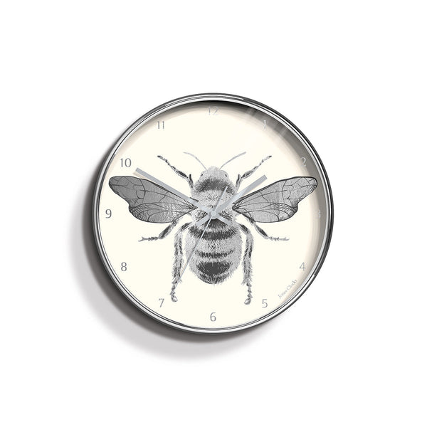 Academy silver Bee wall clock by Jones Clocks with a silver foil and cream dial - JACA374CH