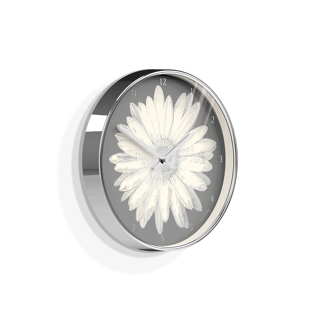 Academy white Daisy Wall Clock by Jones with a silver foil and grey dial - JACA470CH