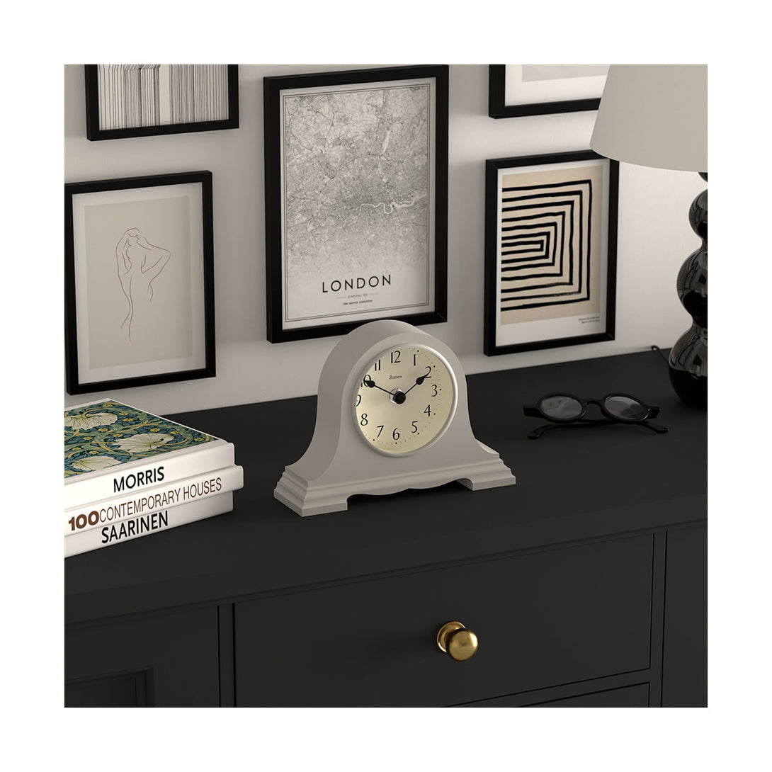 Style Shot 2 - Speakeasy mantel clock by Jones Clocks with a classic, pretty case ina light cloud Grey. Complimented by an elegant dial - JSPEA189OGY