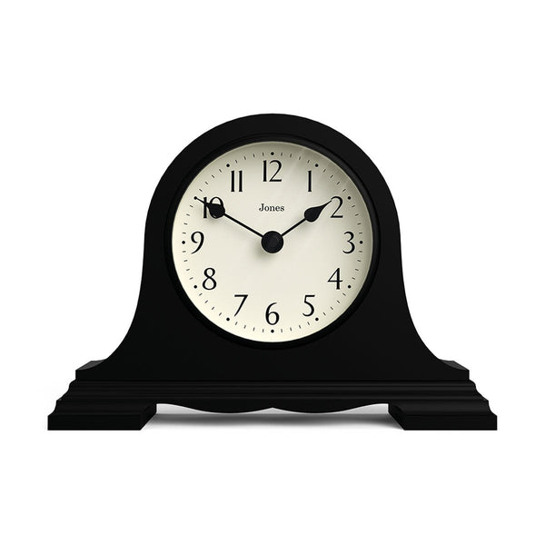 Front - Speakeasy mantel clock by Jones Clocks with a classic, pretty case in Black. Complimented by an elegant dial - JSPEA189K