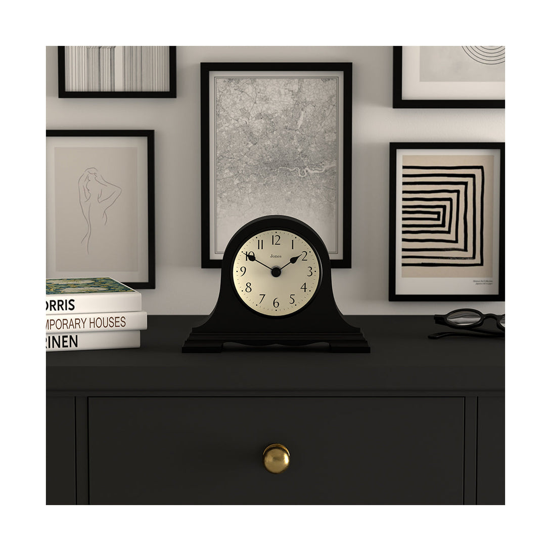 Mantelpiece - Speakeasy mantel clock by Jones Clocks with a classic, pretty case in Black. Complimented by an elegant dial - JSPEA189K