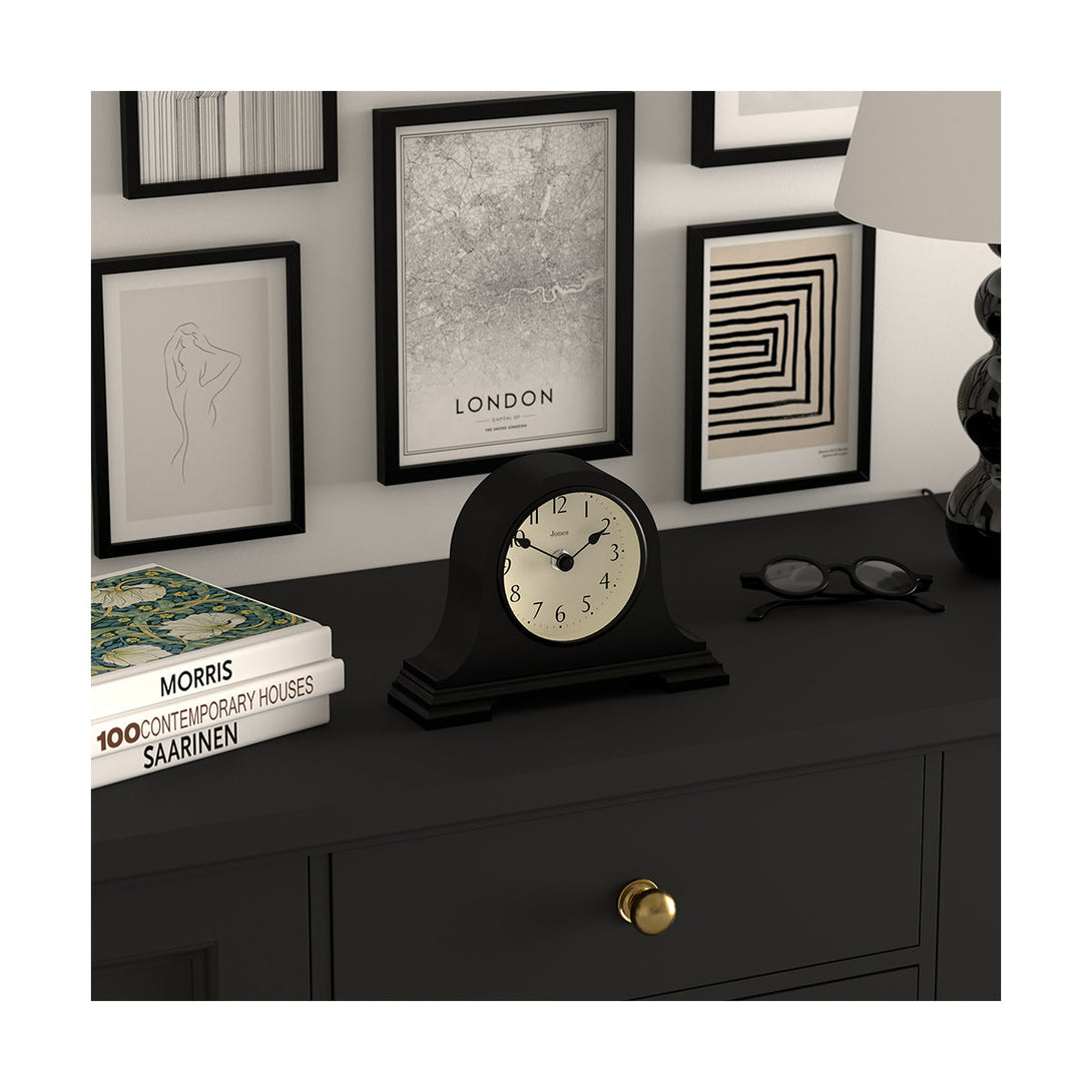 Mantelpiece skew - Speakeasy mantel clock by Jones Clocks with a classic, pretty case in Black. Complimented by an elegant dial - JSPEA189K