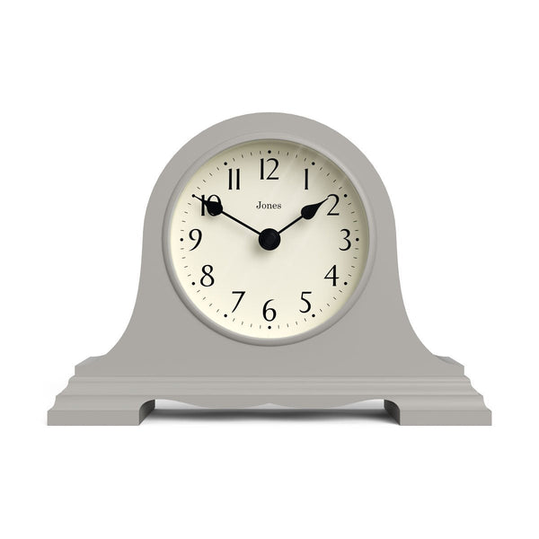 Front - Speakeasy mantel clock by Jones Clocks with a classic, pretty case ina light cloud Grey. Complimented by an elegant dial - JSPEA189OGY