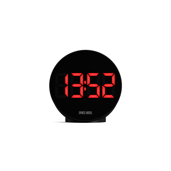 Space Hotel Spherotron LED clock in black and red
