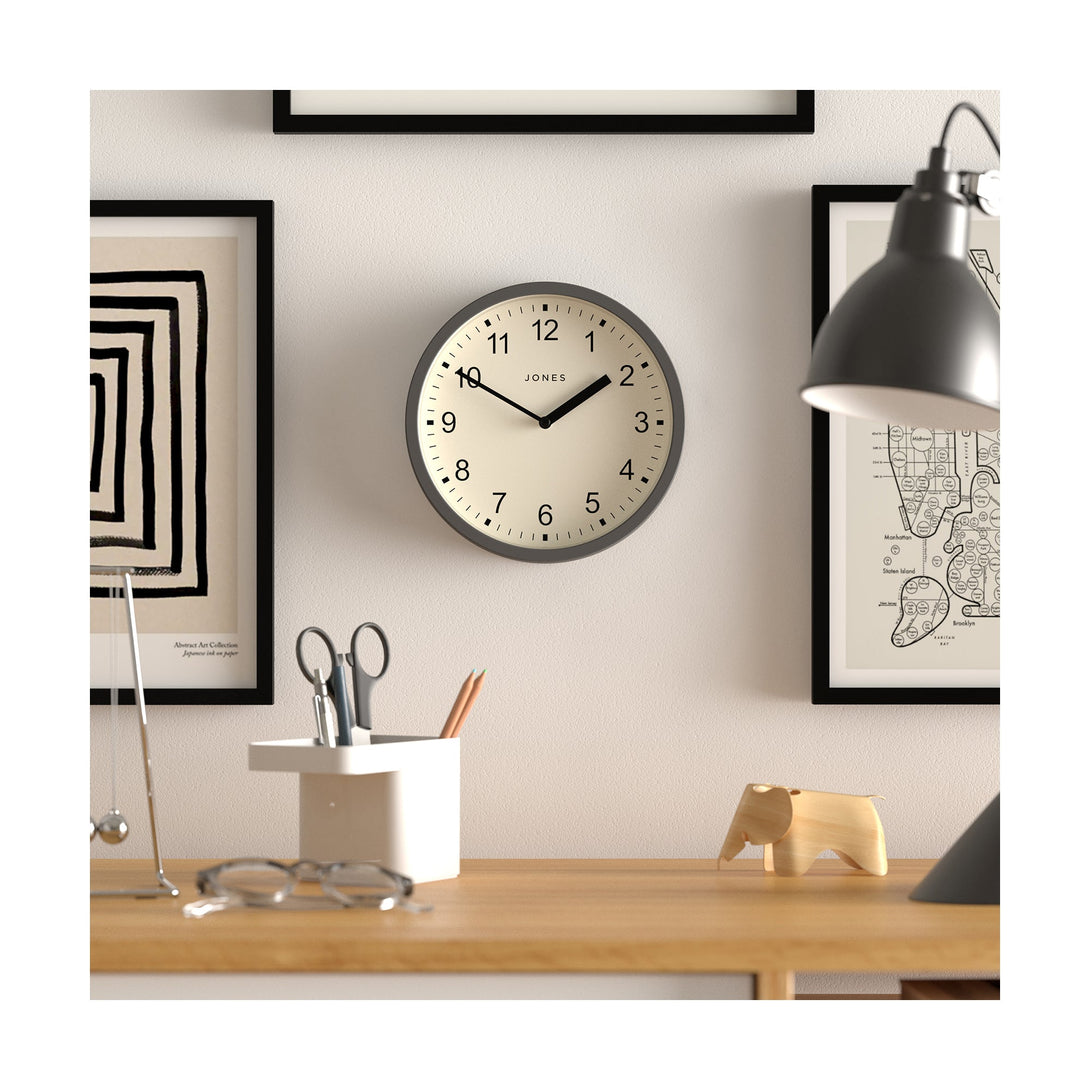 Office - Spin modern wall clock by Jones Clocks. A small and minimalistic blizzard grey case with a contemporary dial - JSPIN136BGY