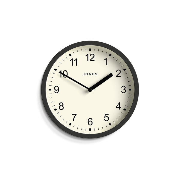 Front - Spin modern wall clock by Jones Clocks. A small and minimalistic blizzard grey case with a contemporary dial - JSPIN136BGY