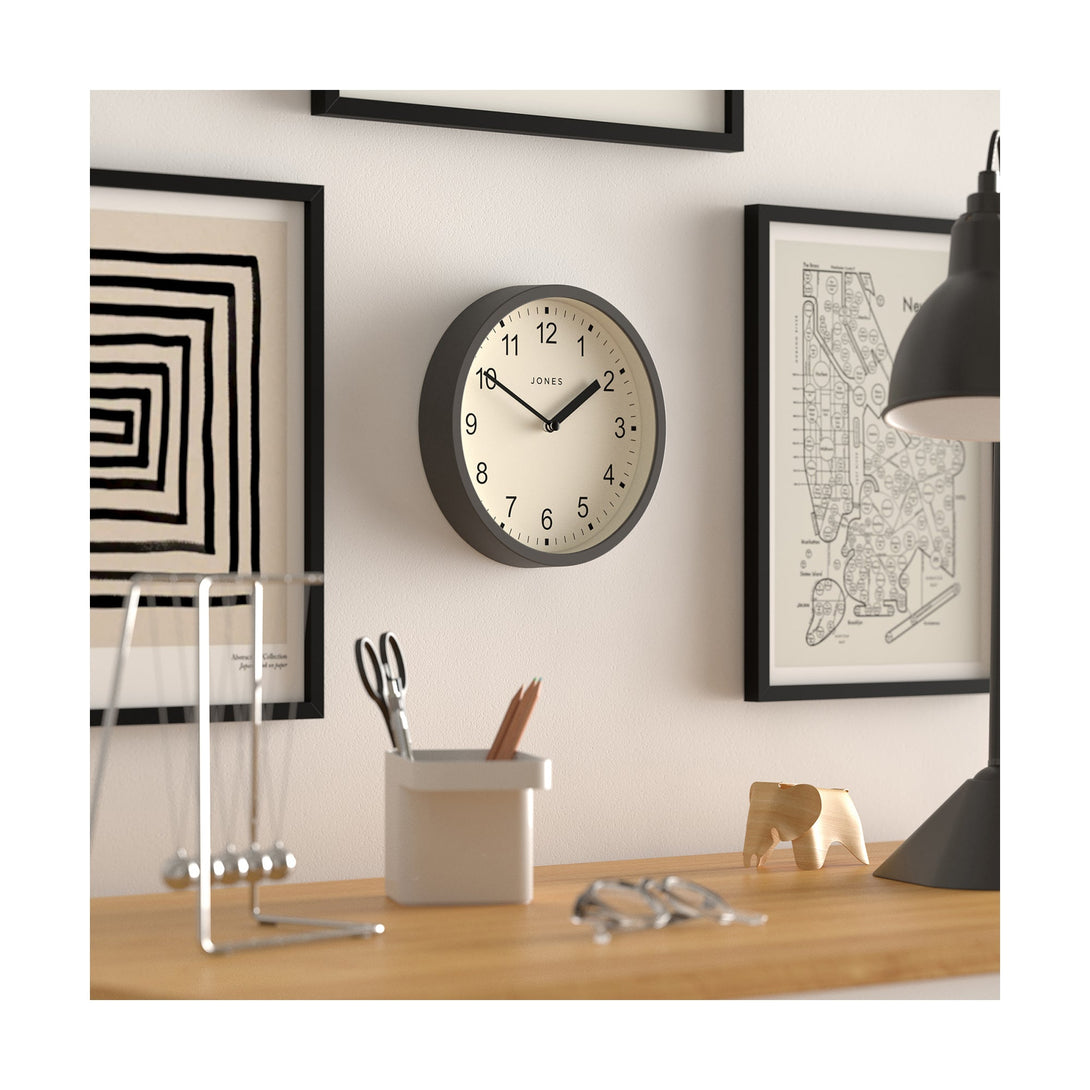 Office skew - Spin modern wall clock by Jones Clocks. A small and minimalistic blizzard grey case with a contemporary dial - JSPIN136BGY