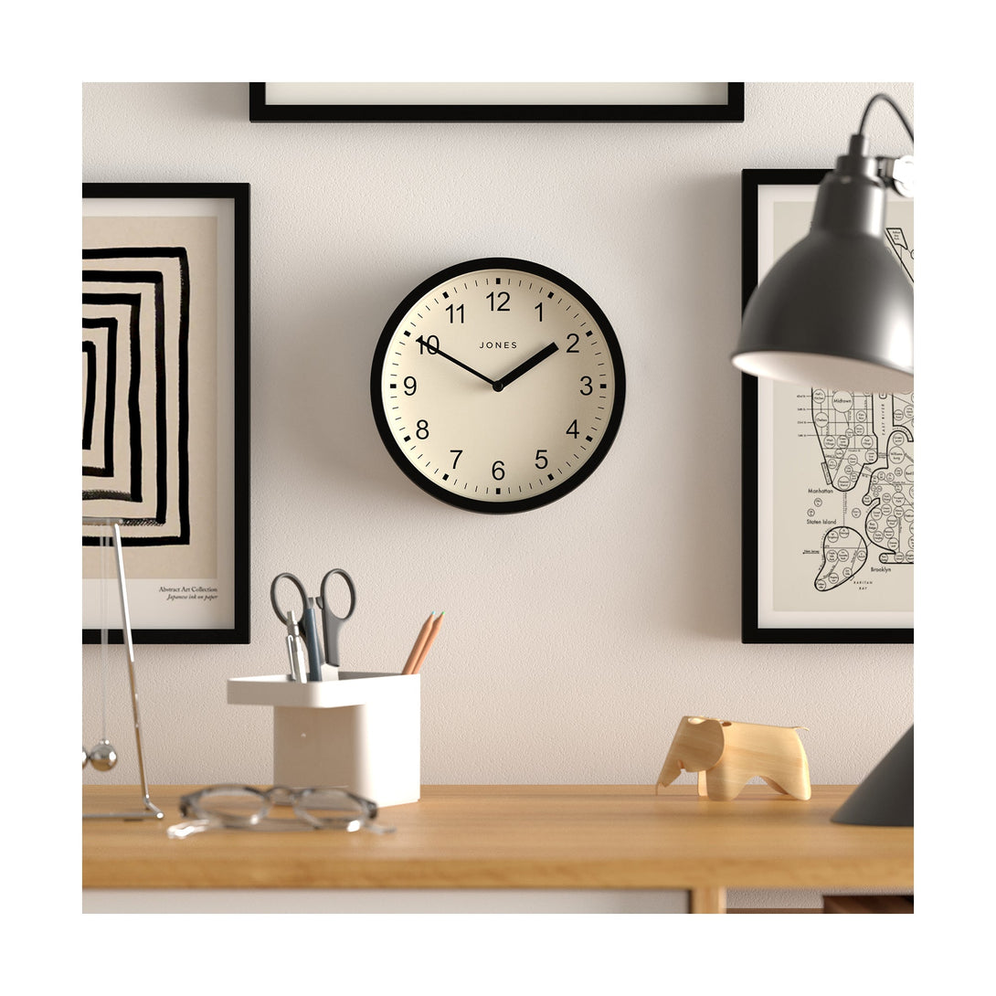 Office - Spin modern wall clock by Jones Clocks. A small and minimalistic Black case with a contemporary dial - JSPIN136K