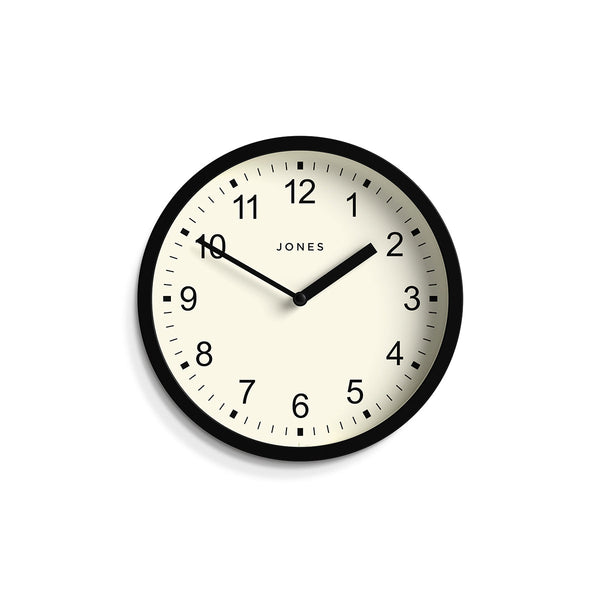 Front - Spin modern wall clock by Jones Clocks. A small and minimalistic Black case with a contemporary dial - JSPIN136K