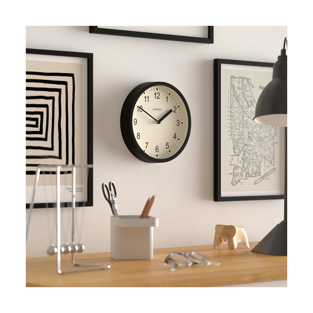 Office skew - Spin modern wall clock by Jones Clocks. A small and minimalistic Black case with a contemporary dial - JSPIN136K