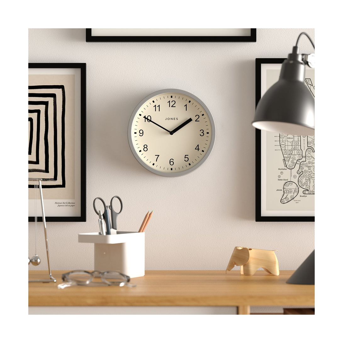 Office - Spin modern wall clock by Jones Clocks. A small and minimalistic light grey case with a contemporary dial - JSPIN136PGY