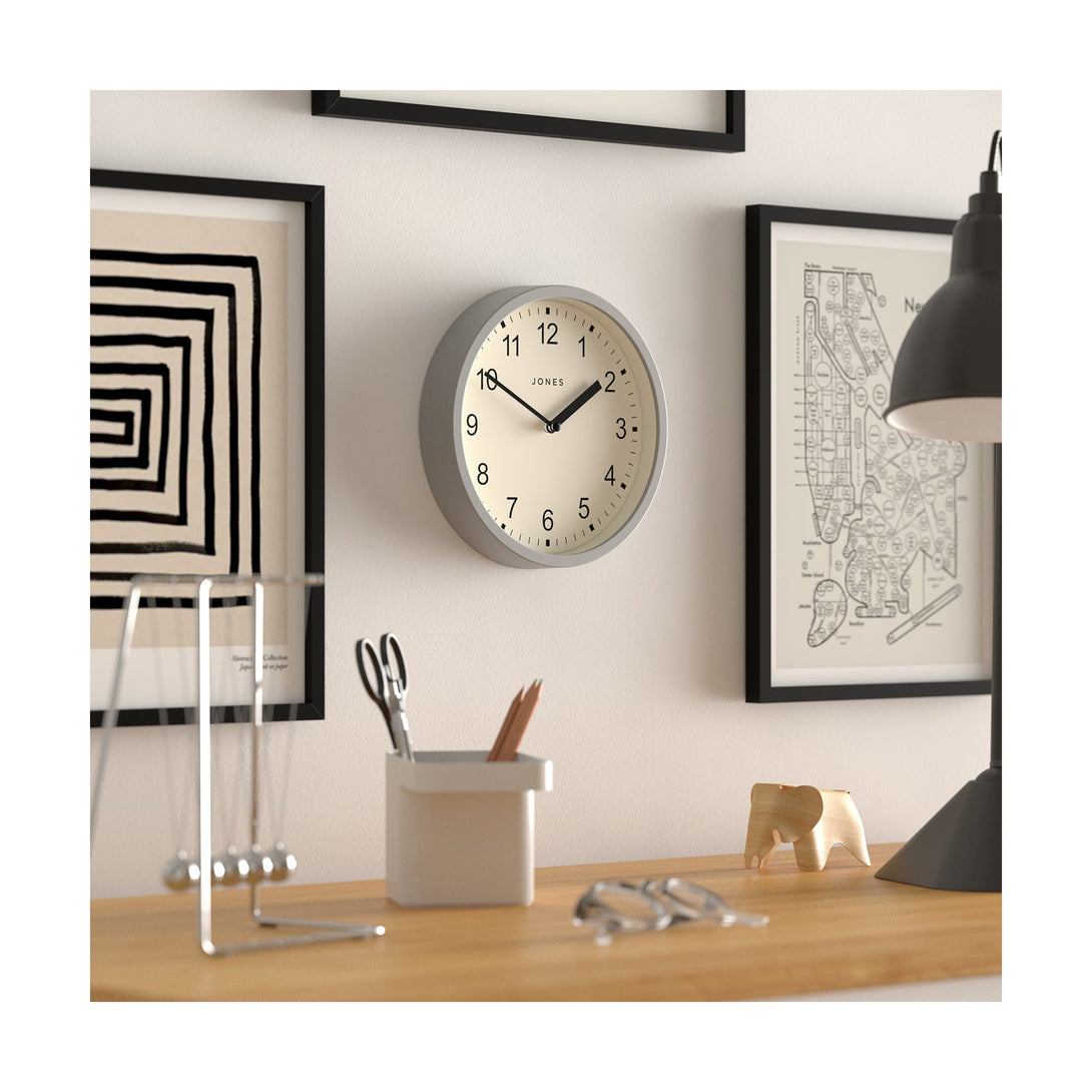 Office skew - Spin modern wall clock by Jones Clocks. A small and minimalistic light grey case with a contemporary dial - JSPIN136PGY