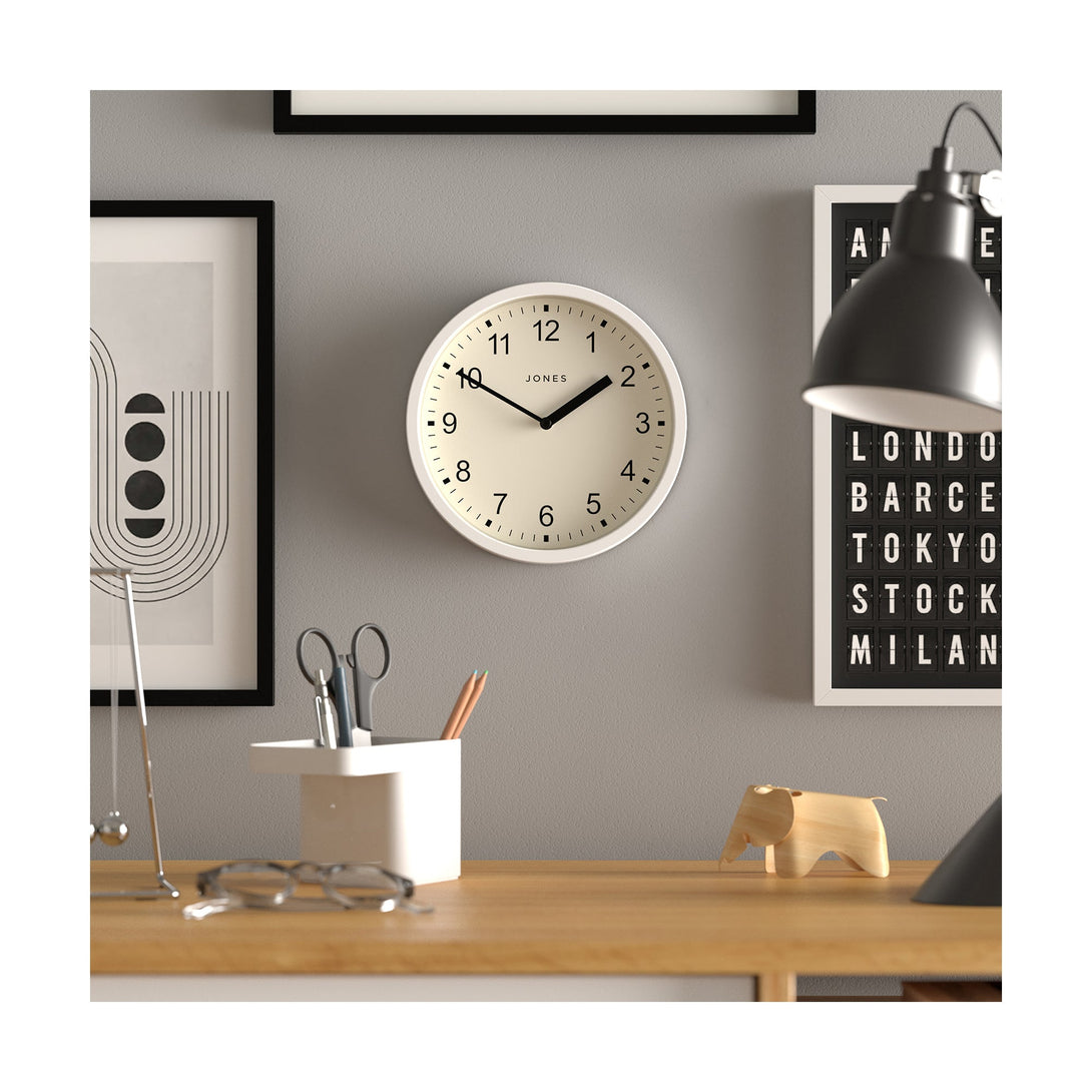 Office - Spin modern wall clock by Jones Clocks. A small and minimalistic white case with a contemporary dial - JSPIN136W