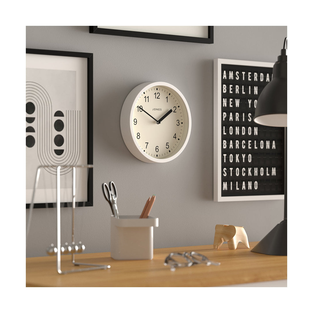 Office skew - Spin modern wall clock by Jones Clocks. A small and minimalistic white case with a contemporary dial - JSPIN136W