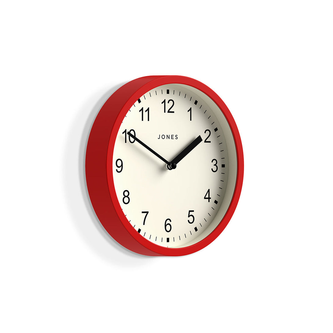 Skew - Spin modern wall clock by Jones Clocks. A small and minimalistic red case with a contemporary dial - JSPIN136R