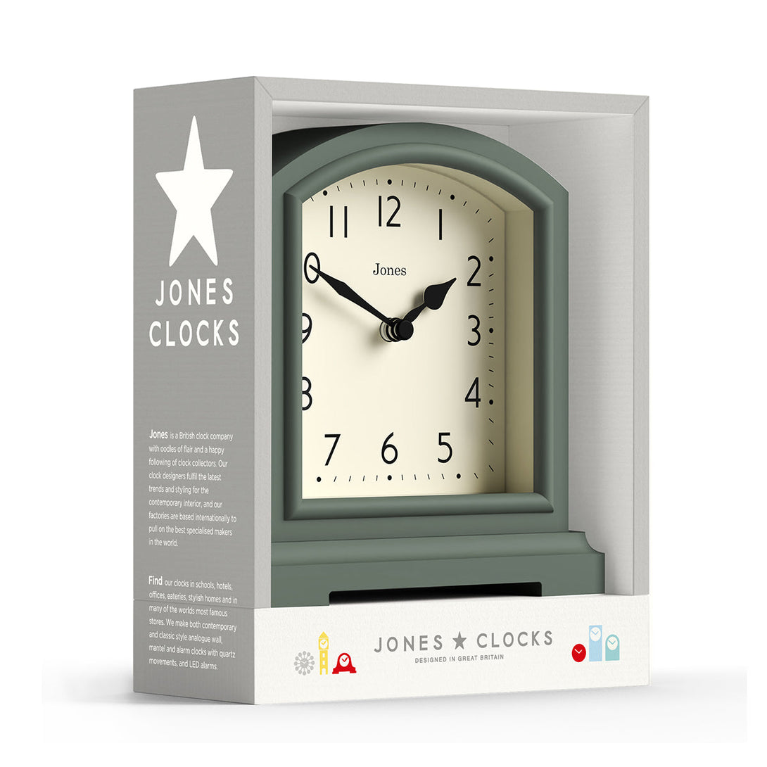 Packaging - Tavern mantel clock by Jones Clocks. A classic green case with an Arabic Numeral dial and black spade hands - JTAV243ASG