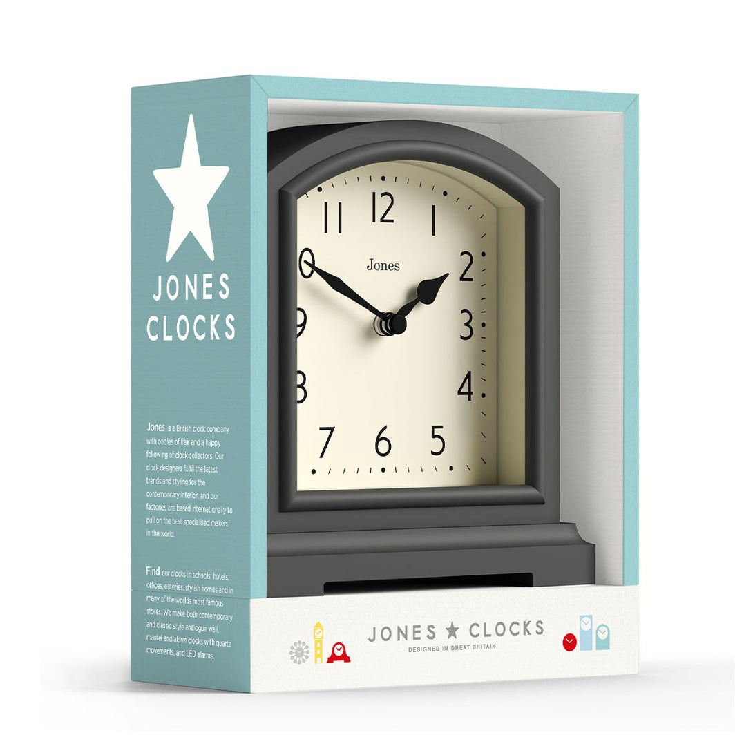 Packaging - Tavern mantel clock by Jones Clocks. A classic blizzard grey case with an Arabic Numeral dial and black spade hands - JTAV243BGY