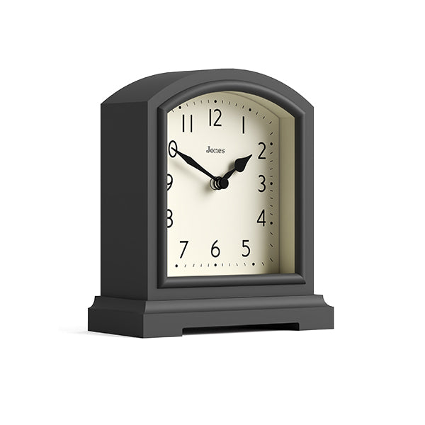 Skew - Tavern mantel clock by Jones Clocks. A classic blizzard grey case with an Arabic Numeral dial and black spade hands - JTAV243BGY