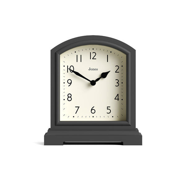 Front - Tavern mantel clock by Jones Clocks. A classic blizzard grey case with an Arabic Numeral dial and black spade hands - JTAV243BGY