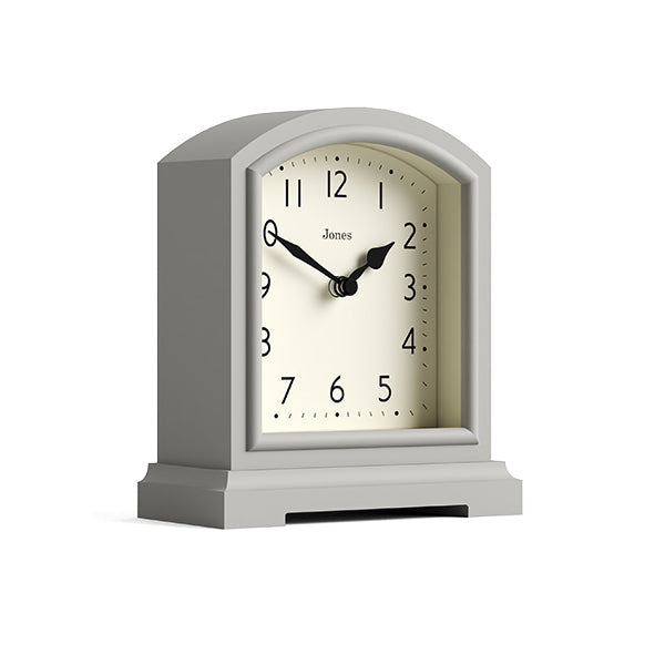 Skew - Tavern mantel clock by Jones Clocks. A classic light grey case with an Arabic Numeral dial and black spade hands - JTAV243OGY