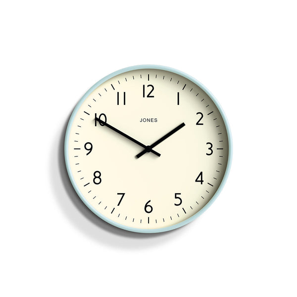 Front - Studio wall clock by Jones Clocks in pale blue with an easy-to-read and minimalistic dial - JPEN52CBL