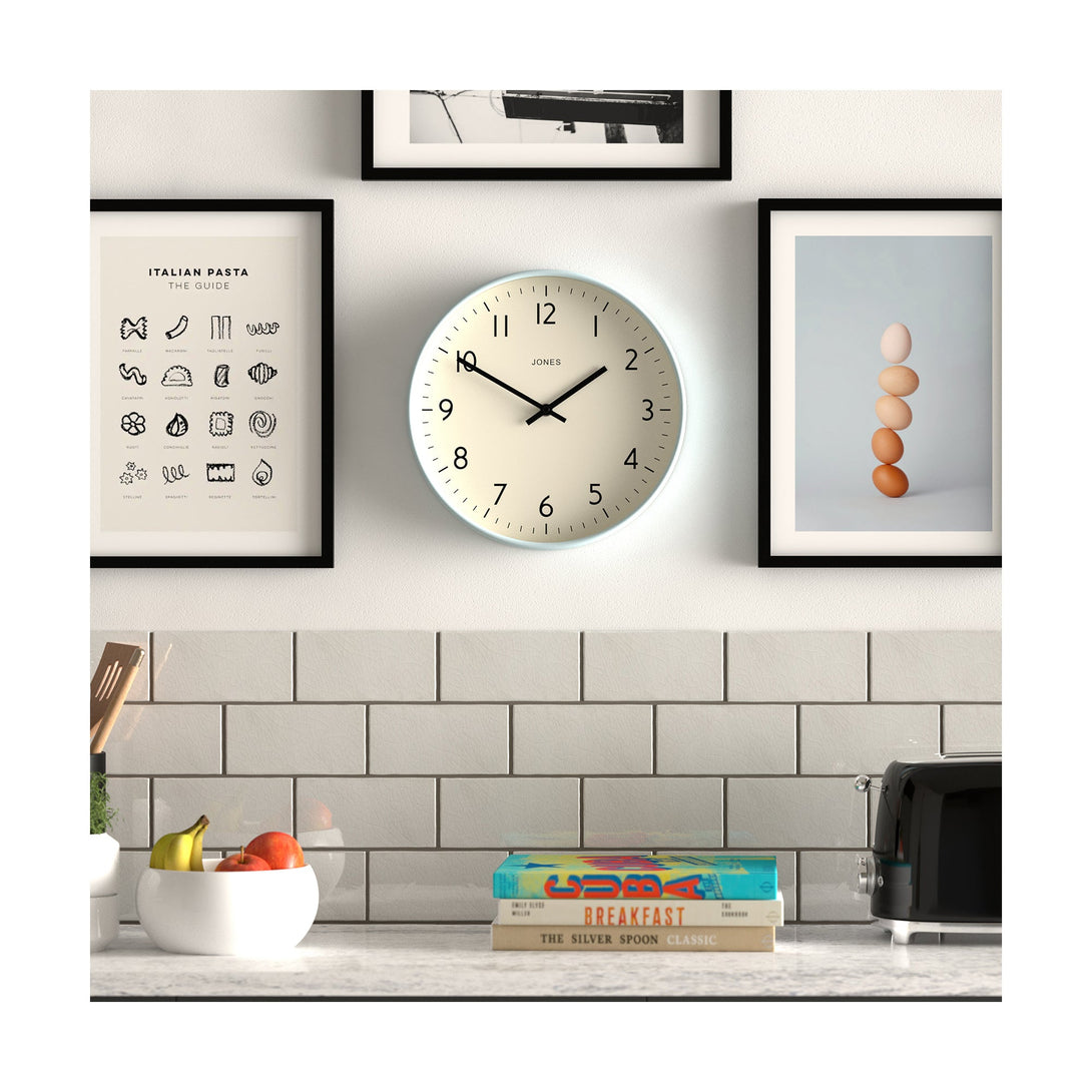 Kitchen - Studio wall clock by Jones Clocks in pale blue with an easy-to-read and minimalistic dial - JPEN52CBL