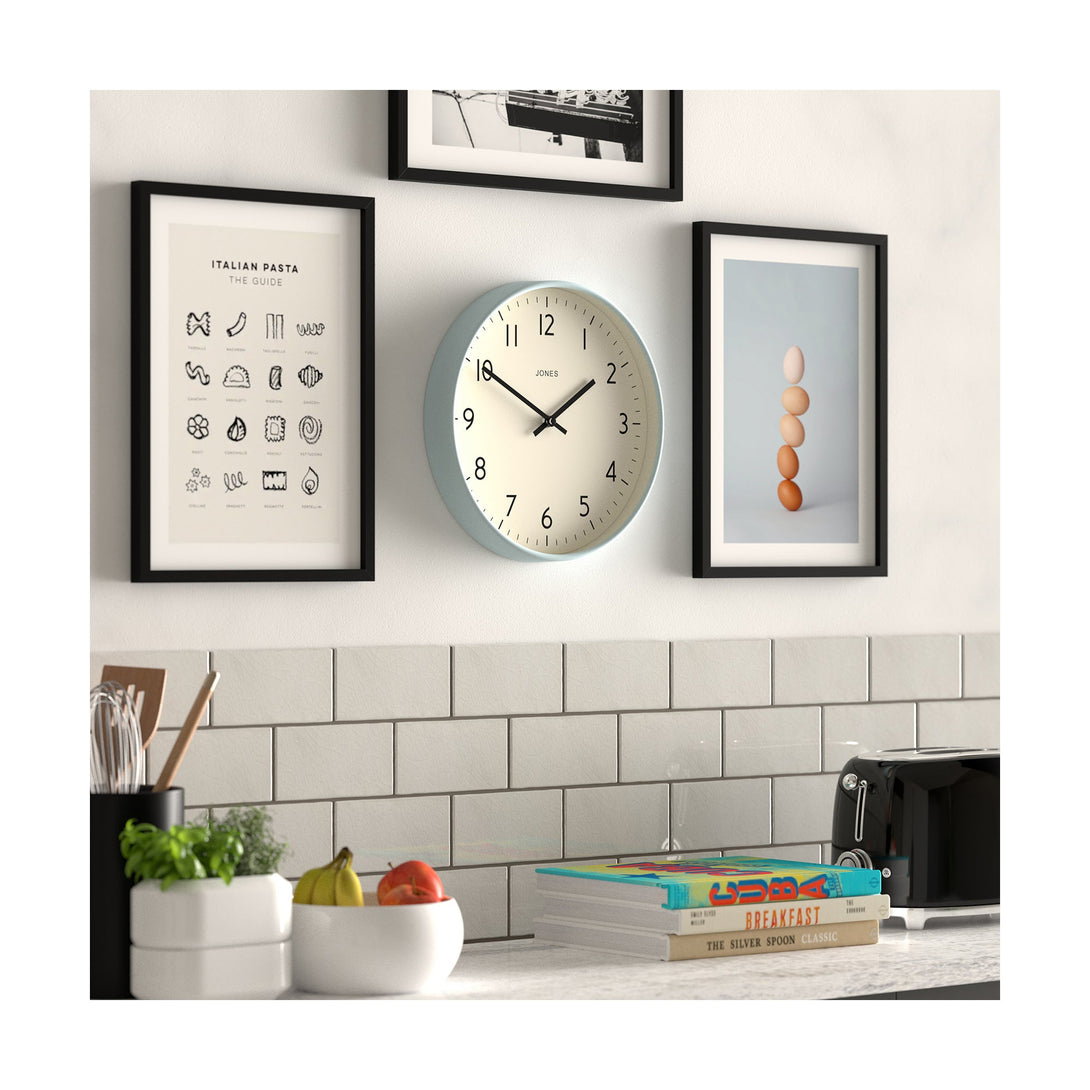 Kitchen skew - Studio wall clock by Jones Clocks in pale blue with an easy-to-read and minimalistic dial - JPEN52CBL