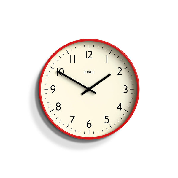 Front - Studio wall clock by Jones Clocks in red with an easy-to-read and minimalistic dial - JPEN52R