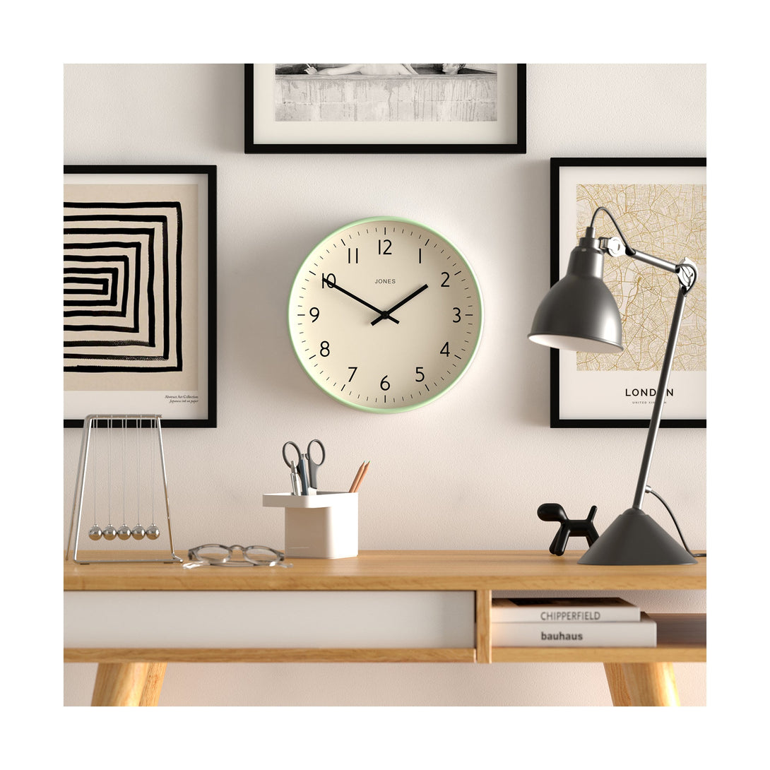 Office - Studio wall clock by Jones Clocks in mint green with an easy-to-read and minimalistic dial - JPEN52NM
