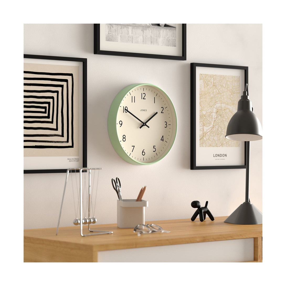 Skew office - Studio wall clock by Jones Clocks in mint green with an easy-to-read and minimalistic dial - JPEN52NM