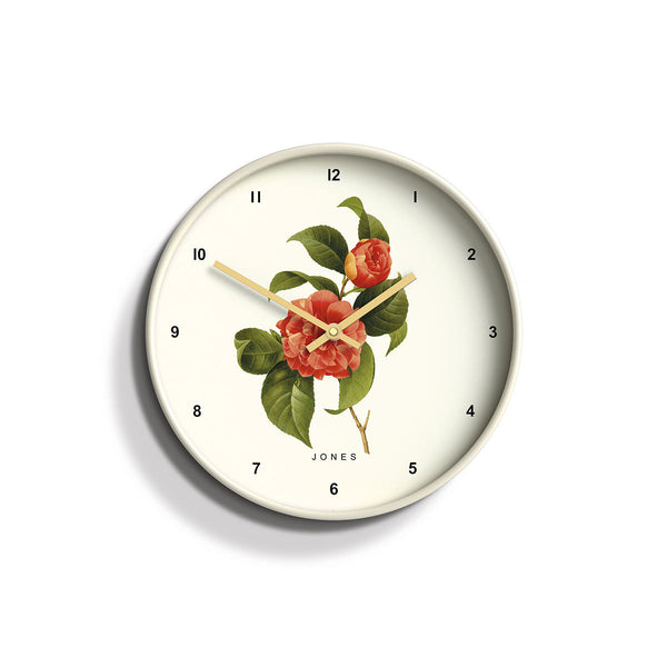 Front - Botanical wall clock by Jones Clocks. An illustrative Botanical Red Camellia on a cream dial, cream case, and complimented by gold baton hands - JTIG126LW
