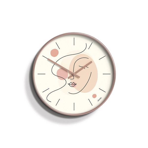 Front - Aphrodite wall clock by Jones Clocks. An illustrative Aphrodite on a cream dial,' rose gold' effect case, and complimented by black baton hands - JTIG157RG