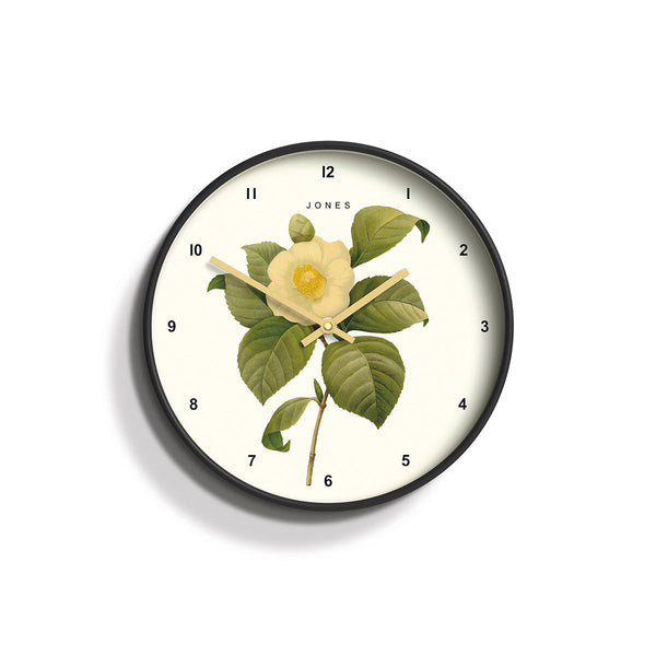 Front - Botanical wall clock by Jones Clocks. An illustrative Botanical white Camellia on a cream dial, charcoal grey case, and complimented by gold baton hands - JTIG164GGY