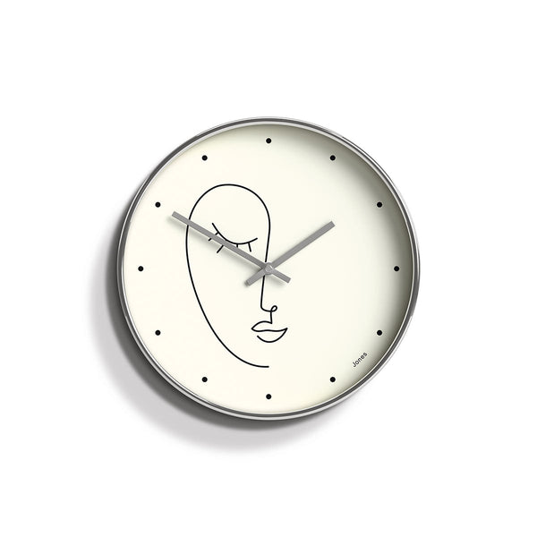 Front - Olivia wall clock by Jones Clocks. An illustrative face on a decorative cream dial with silver/chrome hands, inside a silver/chrome case - JTIG205CH