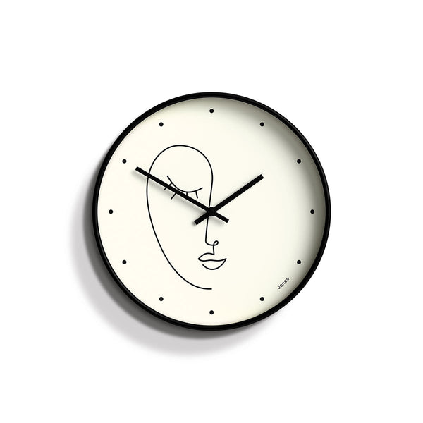 Front - Olivia wall clock by Jones Clocks. An illustrative face on a decorative cream dial with black hands, inside a black case - JTIG205K