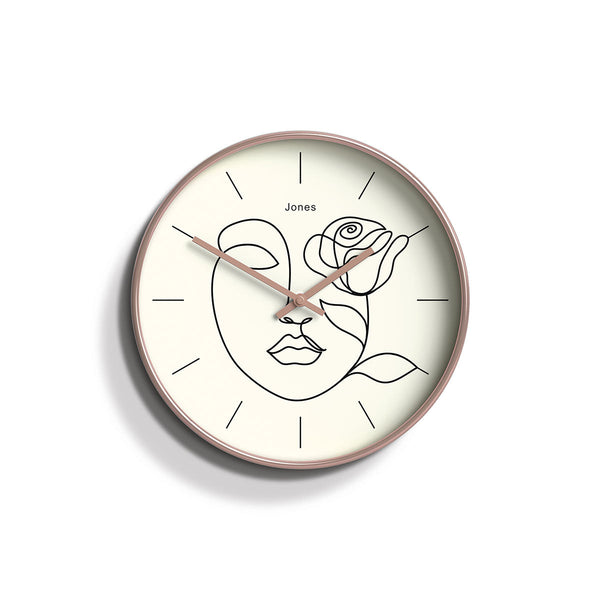 Front - Serena wall clock by Jones Clocks. An illustrative face on a decorative cream dial with 'rose gold' effect hands, inside a 'rose gold effect' case - JTIG210RG