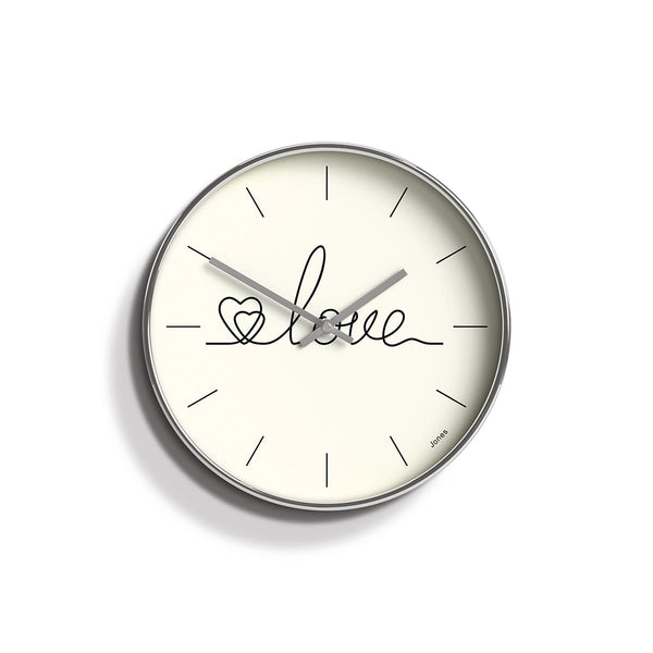Front - Decorative Love wall clock by Jones Clocks. An illustrative 'love' and cream dial in a silver chrome case - JTIG82CH