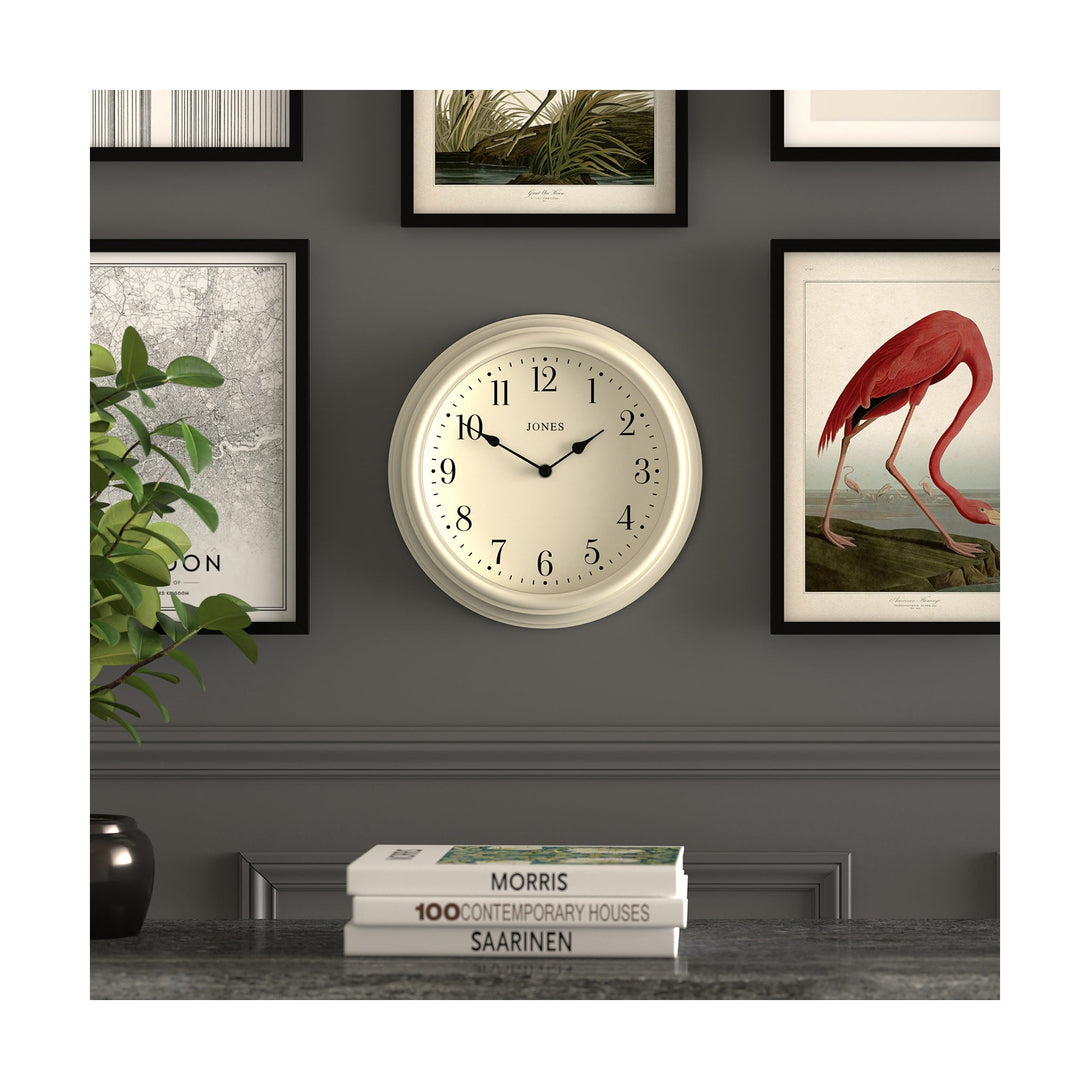 Gallery wall - Venetian wall clock by Jones Clocks. An Arabic dial with traditional spade hands, inside a decorative cream 'Linen White' case - JVEN120LW