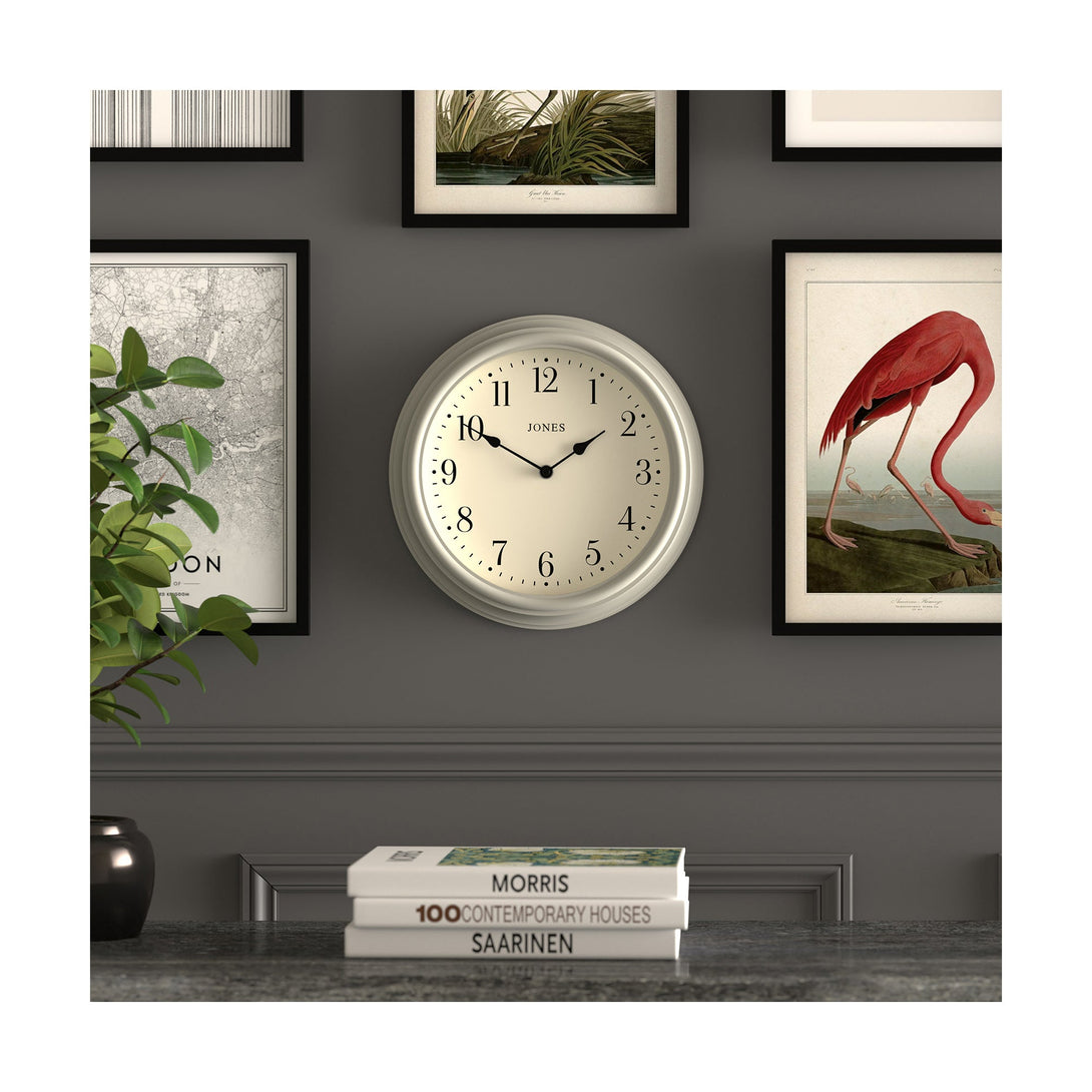 Gallery wall - Venetian wall clock by Jones Clocks. An Arabic dial with traditional spade hands, inside a decorative pepper grey case - JVEN120PGY