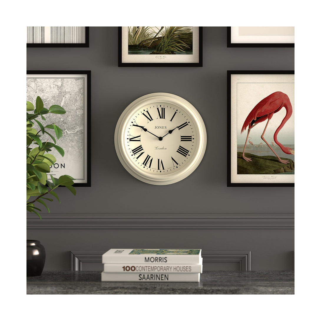 Gallery wall - Venetian wall clock by Jones Clocks. A classic Roman numeral dial with traditional spade hands, inside a decorative cream case - JVEN319LW