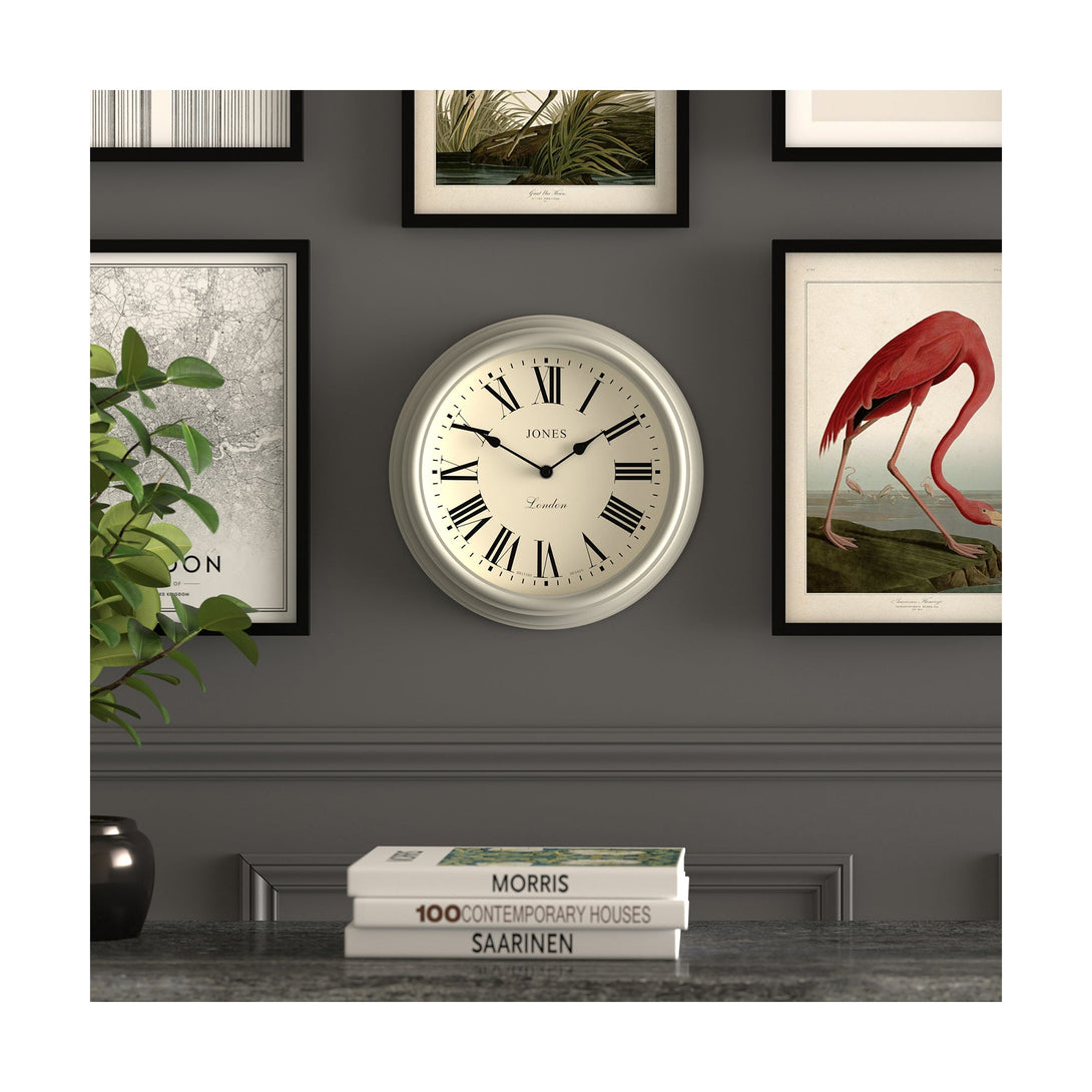 Gallery wall - Venetian wall clock by Jones Clocks. A classic Roman numeral dial with traditional spade hands, inside a decorative pepper grey case - JVEN319PGY