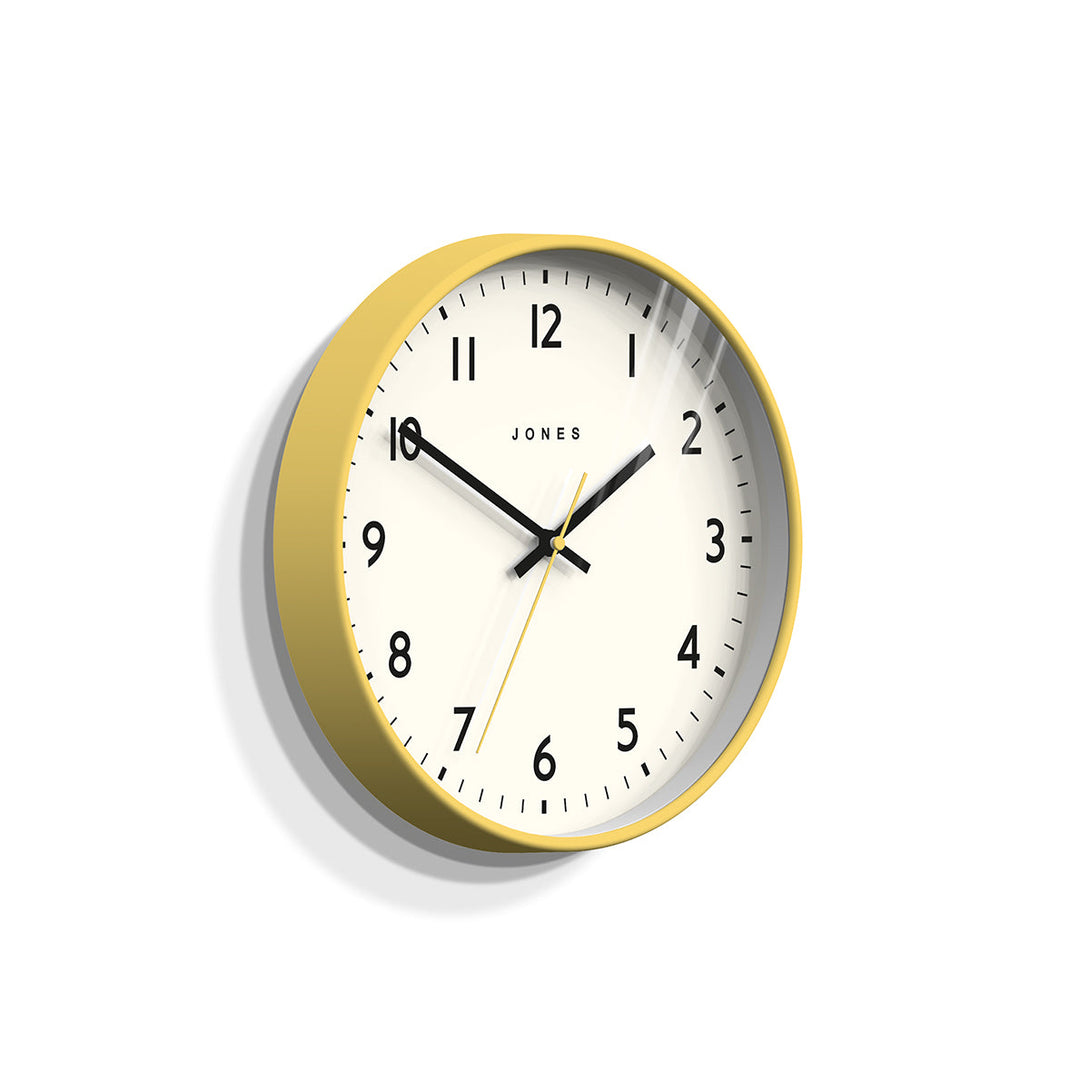 Skew - Jam wall clock by Jones Clocks in yellow with an easy-to-read, contemporary dial - JPEN6CHY