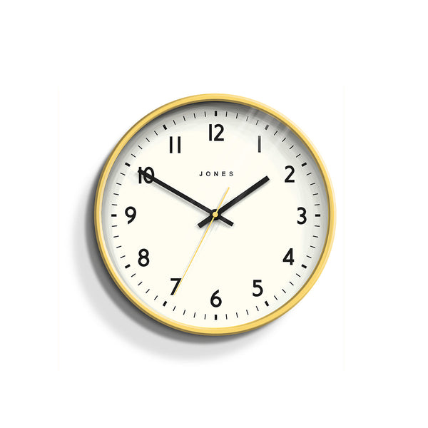 Front - Jam wall clock by Jones Clocks in yellow with an easy-to-read, contemporary dial - JPEN6CHY